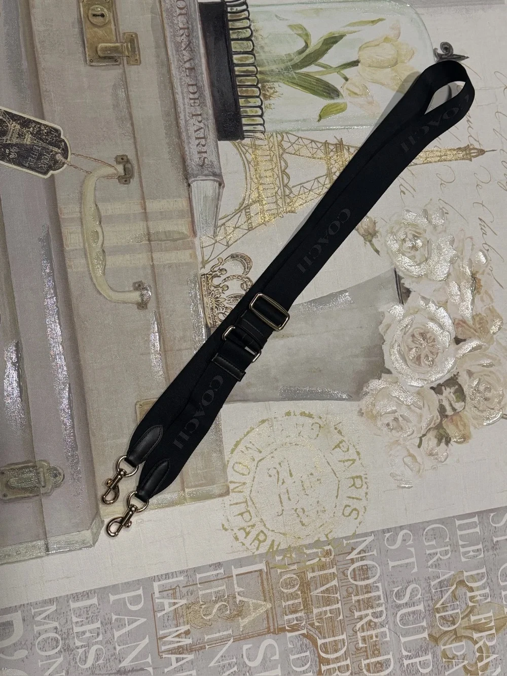 Coach Black Adjustable Logo Strap with Gold Hardware